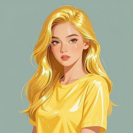 Digital illustration of a beautiful young woman with long, wavy blonde hair, wearing a yellow shirt, against a light blue background.