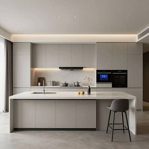 Modern, minimalistic kitchen with white cabinets, black appliances, illuminated under-cabinet lighting, gray stool, two lemons, and marble island counter.