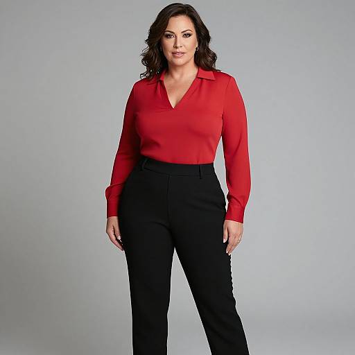 Photograph of a confident woman with wavy dark hair, wearing a bright red blouse and black high-waisted pants, standing against a plain gray