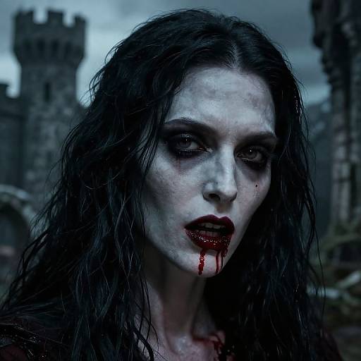 Photorealistic digital artwork of a pale, blood-streaked woman with dark, wet hair, eerie blue-gray skin, and blood dripping from her