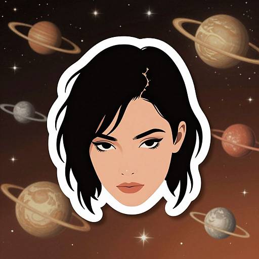 Digital illustration of an Asian woman's face with black hair, outlined in white, set against a space background with multiple planets.