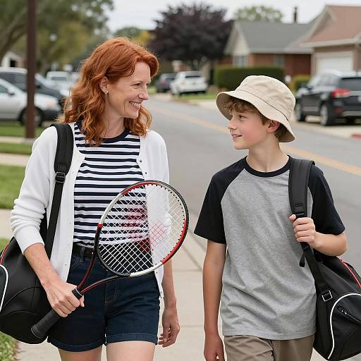 Smiling Duo on Suburban Tennis Street