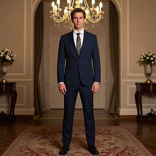 Photograph of a handsome man in a black suit, white shirt, and black tie standing in an elegant room with a chandelier, floral vases