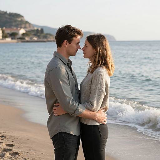 Photograph of a couple standing on a beach, embracing and gazing into each other's eyes, with waves and hills in the background.