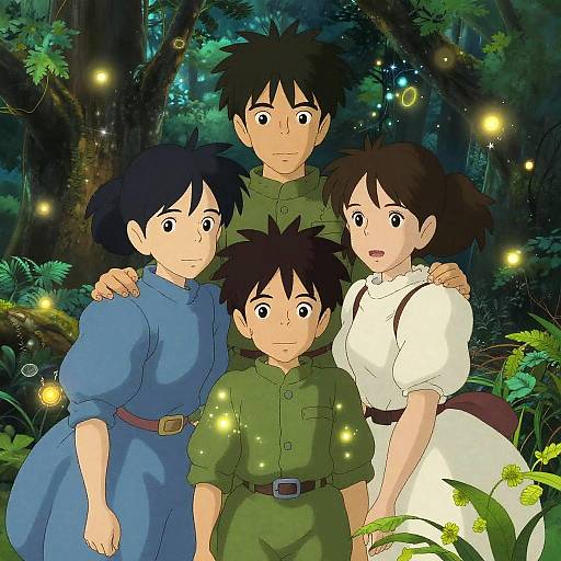Digital anime-style illustration of a family in a magical forest, featuring four characters with black hair, wearing blue, green, and white clothes, surrounded by