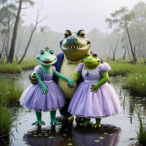 Alligator and Frogs Wedding Portrait in Swamp