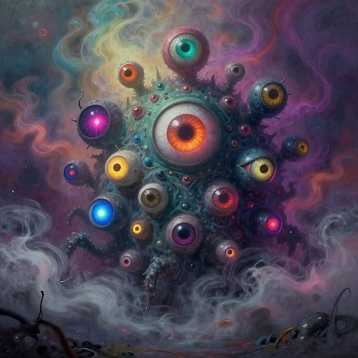 Digital artwork: A surreal, cosmic creature with multiple colorful, glowing eyes floats in a swirling, smoky, multicolored nebula.
