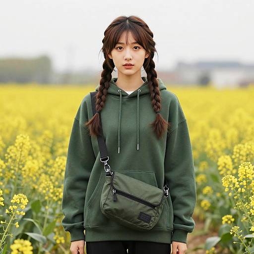 Brunette Girl with Braids in Flower Field