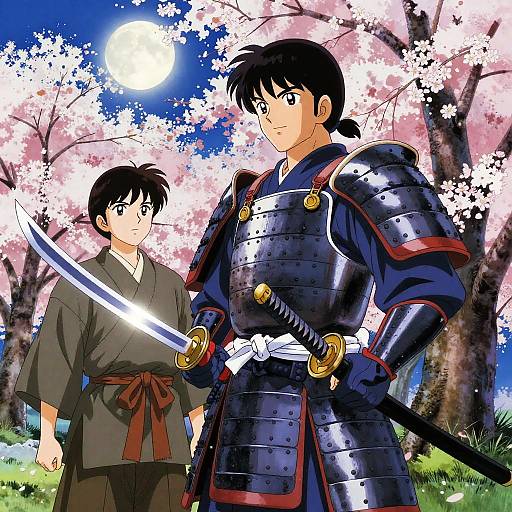 Heroic Samurai and Squire in Cherry Blossoms