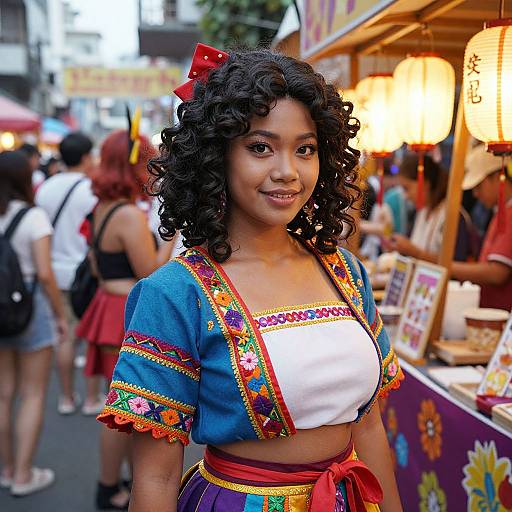 Photograph of a smiling young Black woman with curly hair, wearing a colorful embroidered blue top and skirt, standing at a lively outdoor market stall with warm