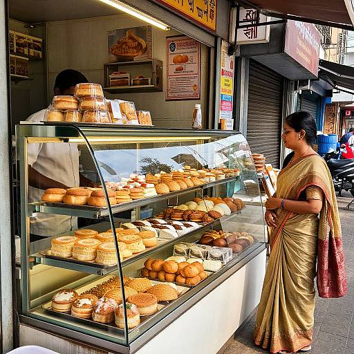 Photograph of an Indian woman in a yellow sari selecting pastries from a glass display case at a street bakery.