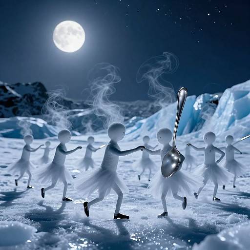 Digital art of ghostly, blue-tinted children in tutus dancing under a full moon on an icy, snowy landscape with smoke trails. One