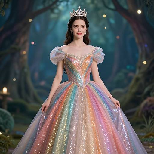 Photograph of a fair-skinned woman with long dark hair, wearing a sparkling rainbow ball gown, white puffed sleeves, and a silver crown,