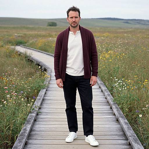 Man in Organic Cotton on Wildflower Boardwalk