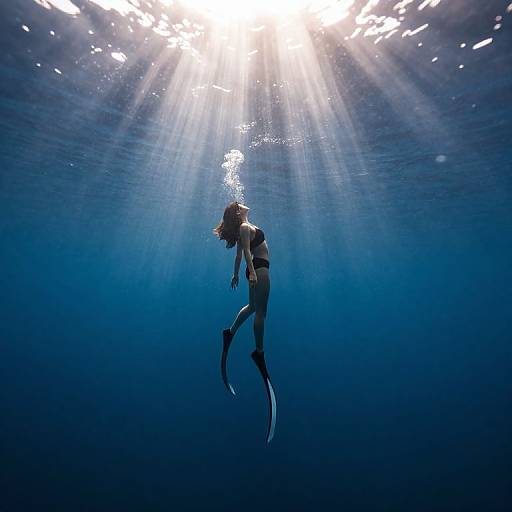 Photograph of a female scuba diver with blonde hair, wearing a black bikini and flippers, swimming underwater in deep blue water with sunlight rays illumin