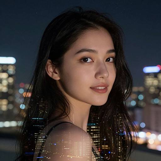 Photograph of a young woman with fair skin, long dark hair, and brown eyes, wearing a sparkly top, against a nighttime cityscape with