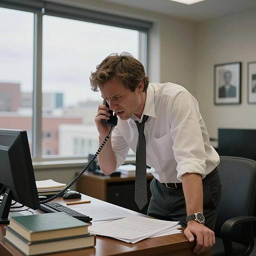 Frustrated Man in Busy Office Environment
