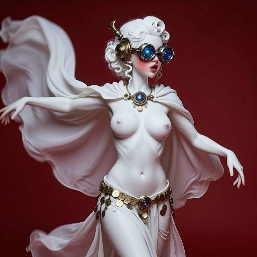 Digital artwork of a topless, white-skinned woman with blue glowing eyes, flowing white cape, gold jewelry, and ornate headpiece, against