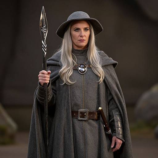 Photograph of a pale-skinned woman with long silver hair, wearing a dark grey cloak, hat, and holding a silver-tipped spear, with
