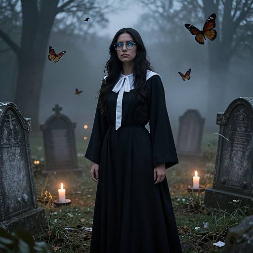Photograph of a solemn woman in a black dress with white collar, glasses, standing in a foggy cemetery surrounded by candles and orange butterflies.