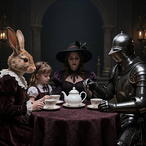 Photorealistic CGI: Medieval-style room with a rabbit in armor, a young girl, a woman in a black hat, and a knight in shining