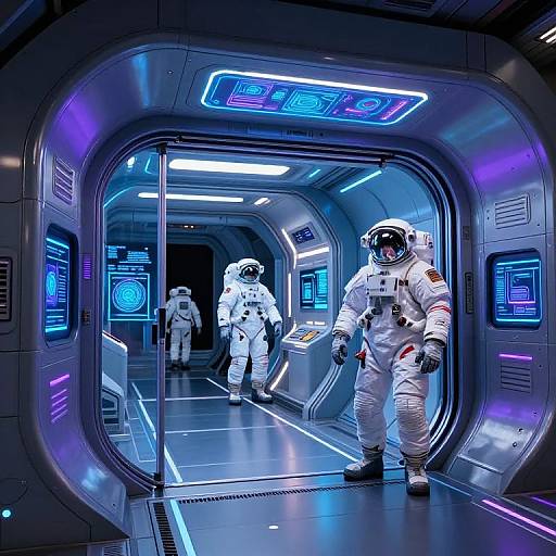 Photorealistic CGI of two astronauts in white spacesuits walking through a futuristic, neon-lit, metallic corridor with glowing blue and purple panels.