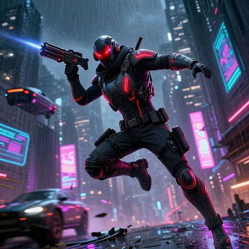 Cyberpunk action scene: Black armored figure with glowing red eyes and neon accents, wielding a gun, runs through a neon-lit, rain-so