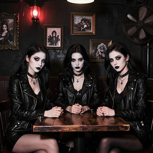 Three pale, gothic women with black lipstick and long dark hair, wearing black leather jackets, sit at a wooden table in a dimly lit room