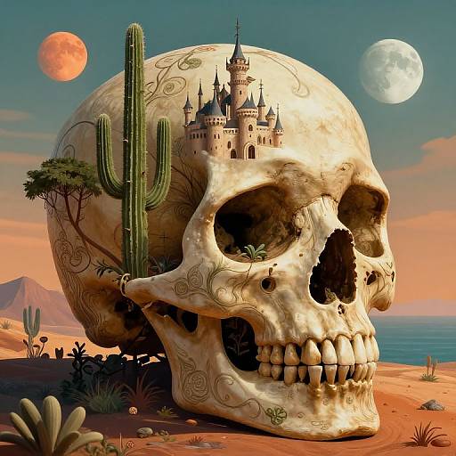 Digital art: Skull with castle inside, cactus, sunset, moons, desert landscape. Detailed textures, surreal, fantasy style, vibrant colors.