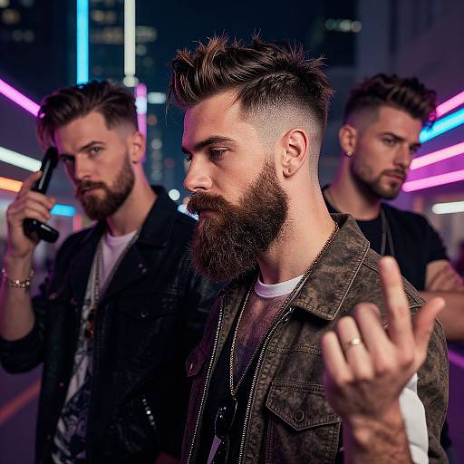 Photograph of three bearded, muscular men with styled hair, wearing dark jackets, standing in a neon-lit urban street at night, one pointing