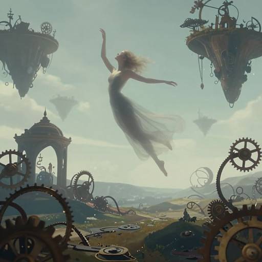 Digital art: Silhouetted, flying woman in a flowing dress amidst steampunk floating islands, gears, and clockwork machinery in a sunny