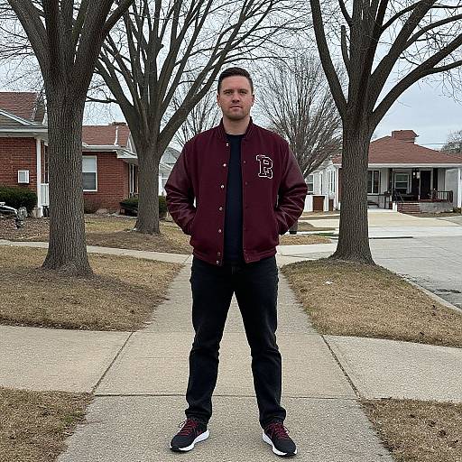 Photograph of a young man standing on a suburban sidewalk, wearing a maroon jacket, black shirt, jeans, and sneakers, with bare trees and