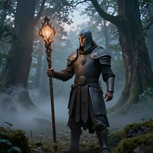 Photorealistic CGI of a armored warrior holding a glowing staff in a misty, moonlit forest, wearing a silver helmet and intricate metal armor.