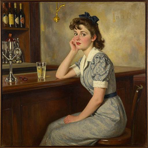 Digital painting of a 1930s-style woman with fair skin, brown hair, and blue dress, resting her chin on her hand at a wooden