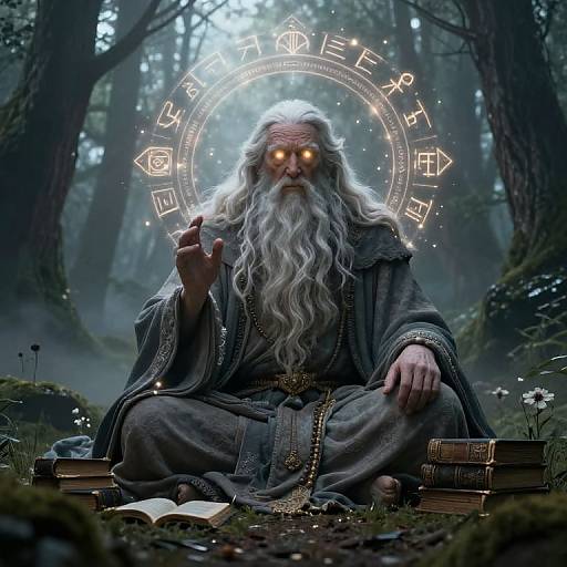 Digital artwork of an ancient wizard with glowing eyes, long white beard, and robes, sitting in a misty forest, surrounded by magical runes and books