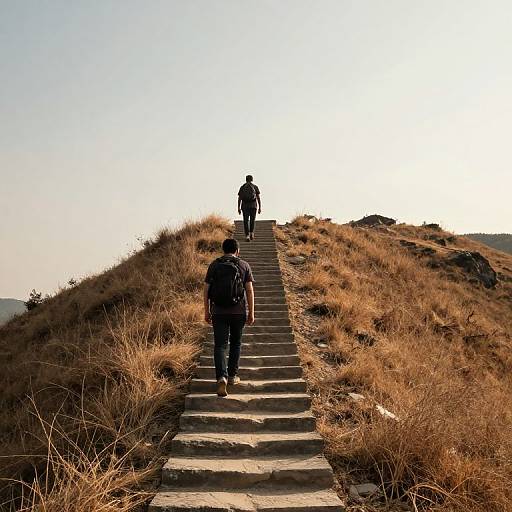 Photograph of two hikers, one ahead, one behind, ascending a stone path through sunlit, grassy hills under a clear blue sky.