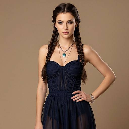 Photograph of a young woman with long, braided brown hair, wearing a black, strapless, sheer dress, turquoise pendant necklace, and bracelet