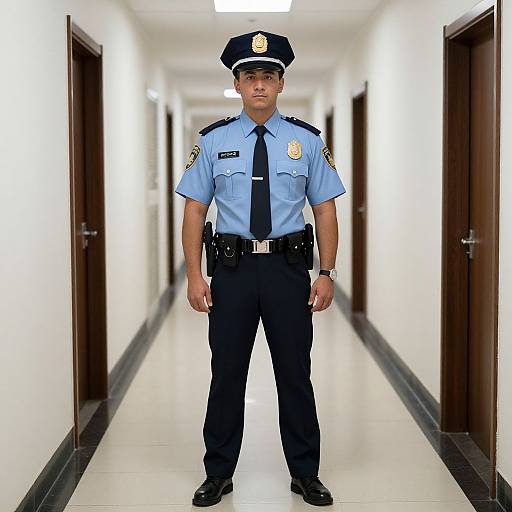 Photograph of a young male police officer standing in a bright, white, narrow hallway with dark wooden doors, wearing a light blue shirt, black tie