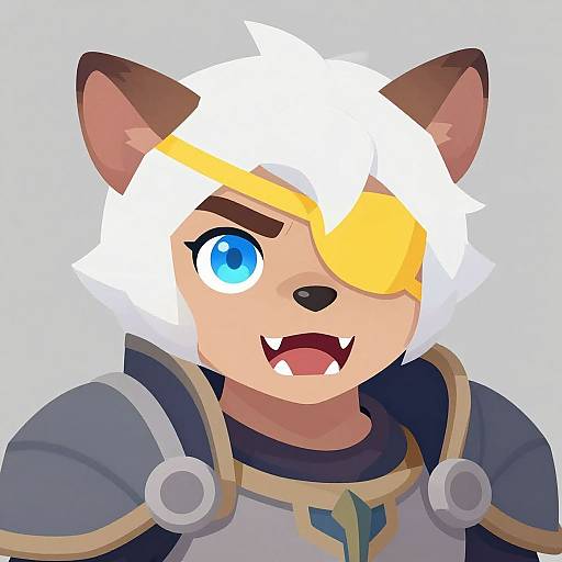Digital anime-style drawing of a white-haired, blue-eyed anthropomorphic fox with a yellow eyepatch, sharp fangs, and gray armor. Background