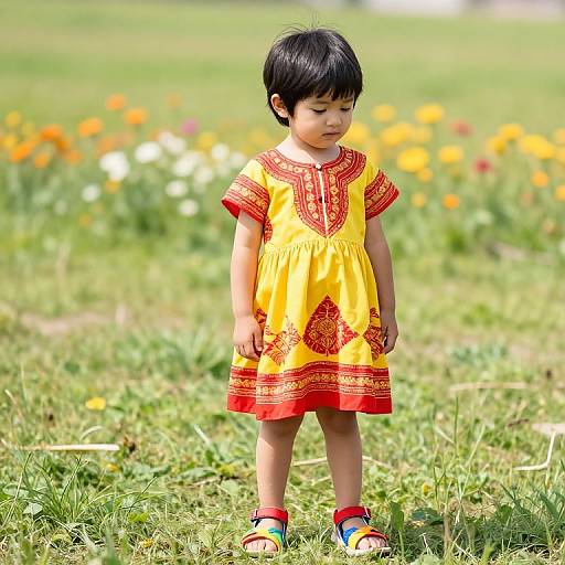 Photograph of a young Asian girl with black hair, wearing a yellow dress with red embroidery, standing in a grassy field with colorful flowers in the