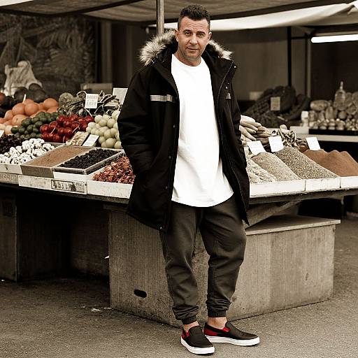 Man in Reflective Parka at Market