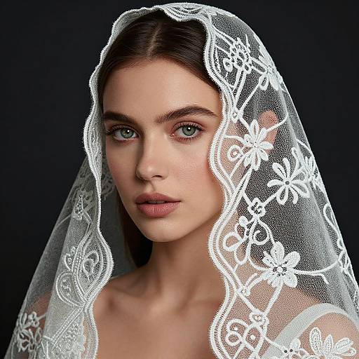 Photograph of a fair-skinned woman with blue eyes, wearing a delicate white lace veil adorned with floral patterns, against a dark background.