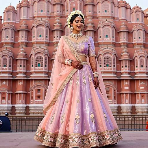 Indian woman in pink traditional lehenga with gold embroidery, floral headpiece, and jewelry, stands in front of a red sandstone fort. (Phot
