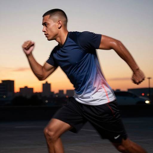 Photograph of a muscular, young, dark-skinned man in a black and white gradient shirt, black shorts, running at sunset with a city skyline