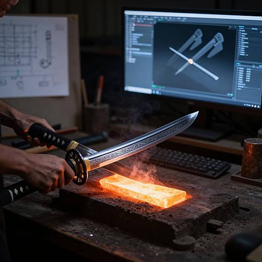 Photograph of hands sharpening a silver katana on a forge, with bright orange sparks and a computer screen in the background.