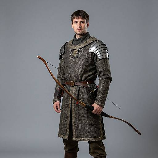 Photograph of a young Caucasian man in medieval armor, holding a longbow, with a gray background, dark hair, and serious expression.