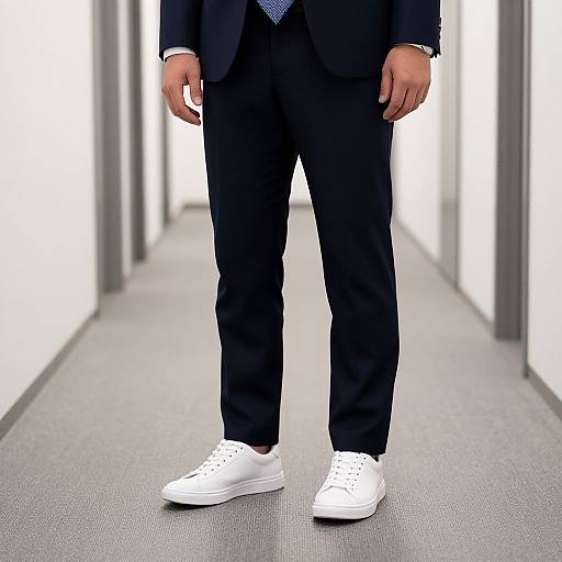 Photograph of a man in a dark suit, white shirt, black pants, and white sneakers, standing in a bright, narrow hallway.