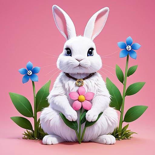 White Rabbit Holding Pink Flower