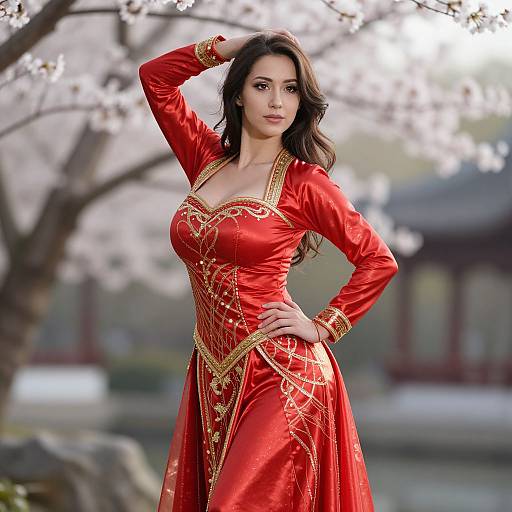 Photograph of a beautiful woman with long dark hair, wearing a red satin Chinese dress with gold embroidery, standing in a cherry blossom garden, hand on