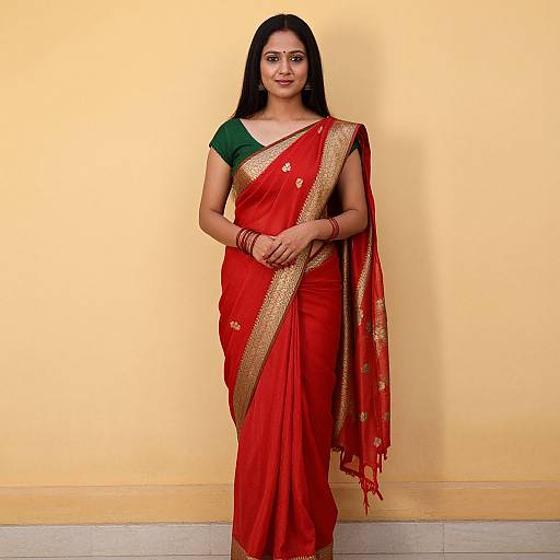 Photograph of a smiling Indian woman with medium brown skin, wearing a red saree with gold border, green blouse, and red bangles, standing